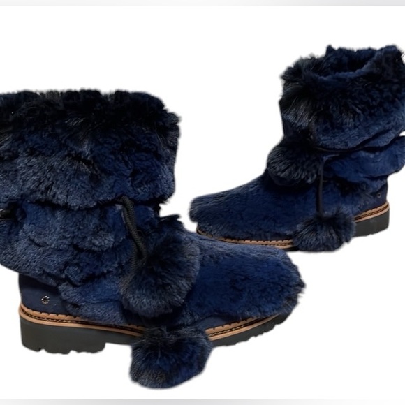 Sam Edelman faux fur winter lace up Pom boots slip on blue black fuzzy navy NWOT - Picture 8 of 9